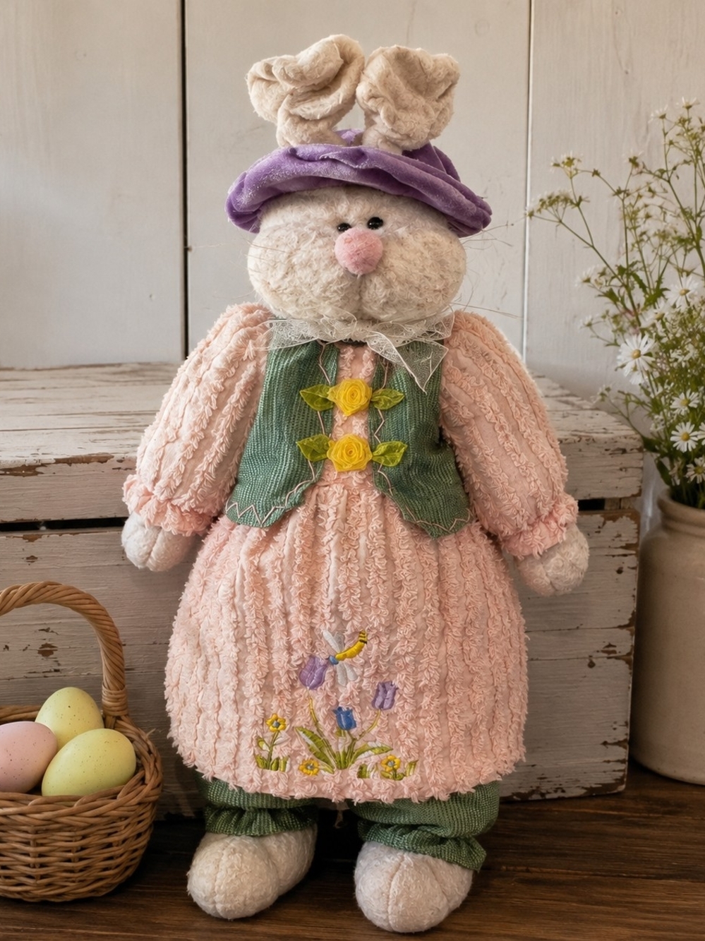 #6039 Country Bunny Rabbit Plush Pink Floral Dress Easter Décor